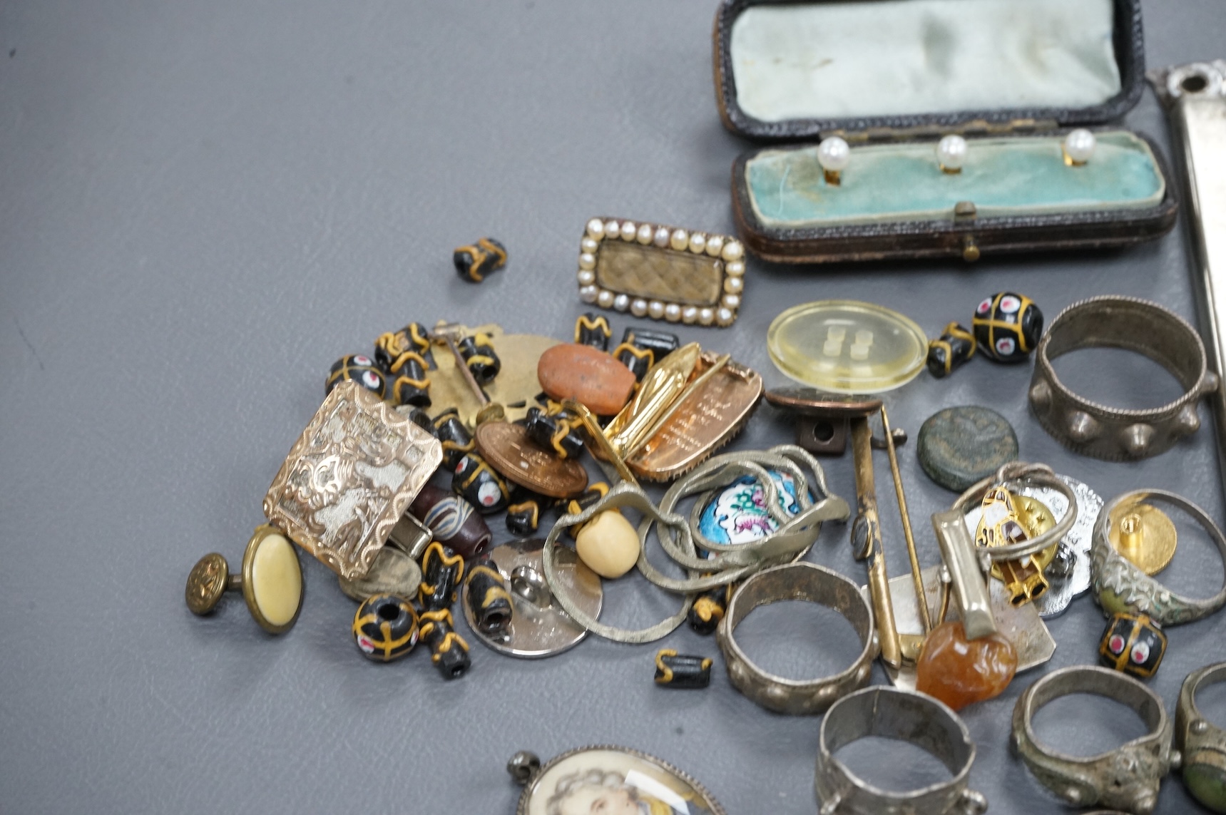 Group of mixed costume jewellery and other items including a George IV mourning brooch and a Swiss 935 standard white metal silver half hunter keyless pocket watch.